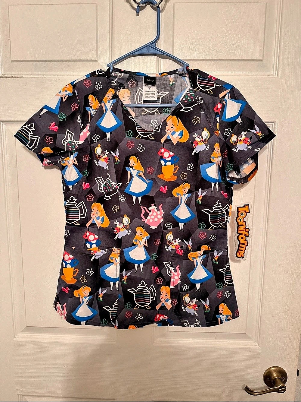 Disney Tooniforms Alice in Wonderland Paper Alice V-Neck Scrub Top V-Neck Top